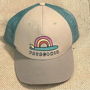 Patagonia Trucker Hat Mesh Snap Back Embroidered Rainbow Surfboard  Aqua Gray